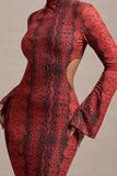 Arabia Red Snake Print High-Neck Cut-Out Maxi Dress