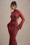 Arabia Red Snake Print High-Neck Cut-Out Maxi Dress