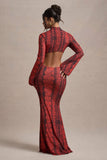 Arabia Red Snake Print High-Neck Cut-Out Maxi Dress