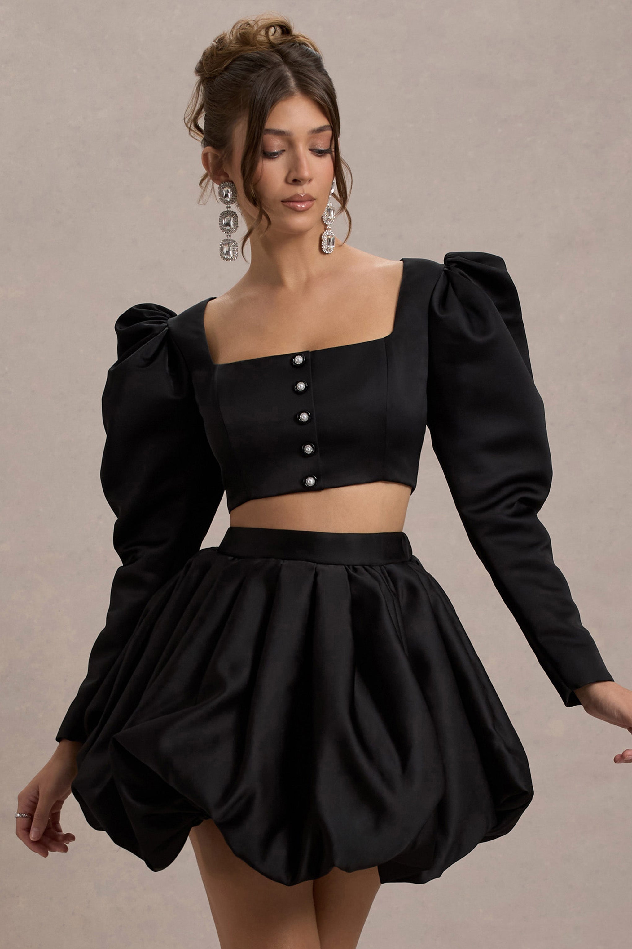 Eloisa Black Satin Puff-Sleeve Cropped Jacket