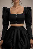 Eloisa Black Satin Puff-Sleeve Cropped Jacket
