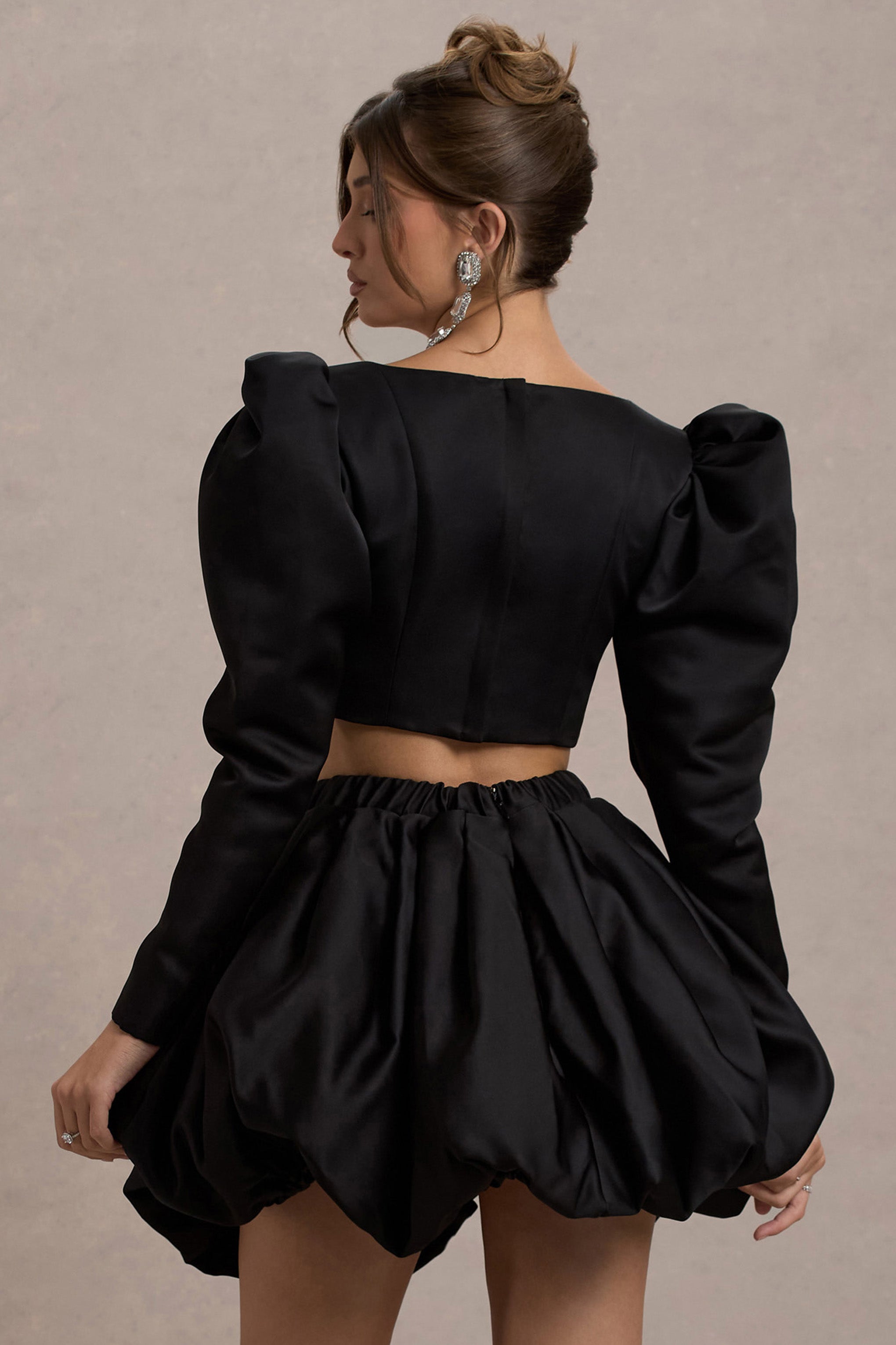 Eloisa Black Satin Puff-Sleeve Cropped Jacket