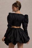 Eloisa Black Satin Puff-Sleeve Cropped Jacket