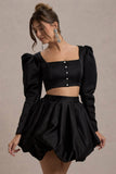 Eloisa Black Satin Puff-Sleeve Cropped Jacket