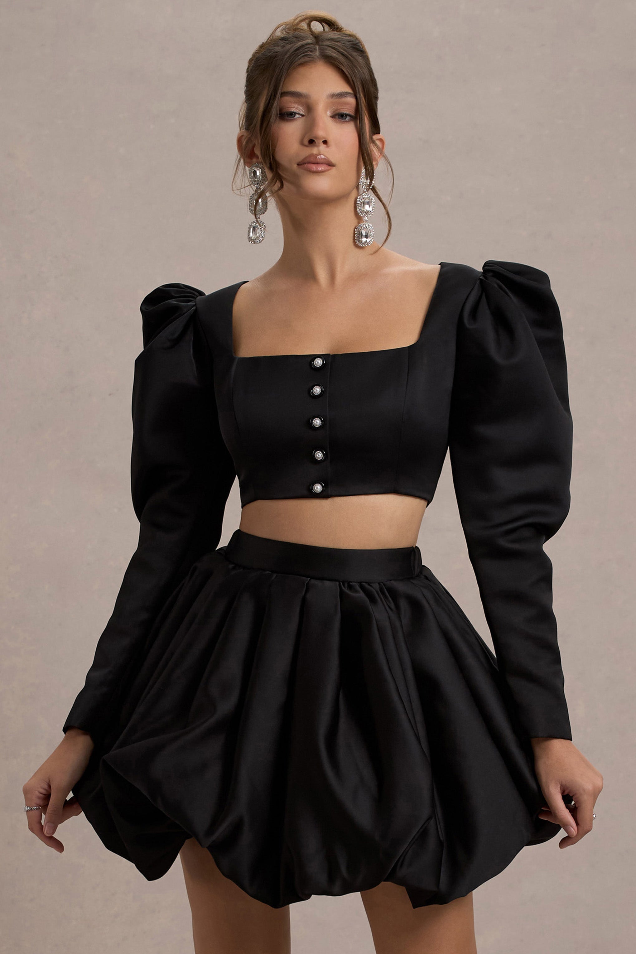 Eloisa Black Satin Puff-Sleeve Cropped Jacket