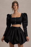 Eloisa Black Satin Puff-Sleeve Cropped Jacket