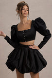 Eloisa Black Satin Puff-Sleeve Cropped Jacket