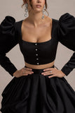 Eloisa Black Satin Puff-Sleeve Cropped Jacket