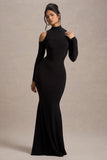 Catarina Black Turtle-Neck Long-Sleeve Maxi Dress With Cold Shoulders