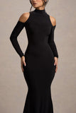 Catarina Black Turtle-Neck Long-Sleeve Maxi Dress With Cold Shoulders