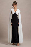 Grace Kelly Black & White Plunge-Neck Maxi Dress With Cape Sleeves
