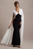 Grace Kelly Black & White Plunge-Neck Maxi Dress With Cape Sleeves