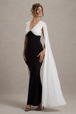Grace Kelly Black & White Plunge-Neck Maxi Dress With Cape Sleeves