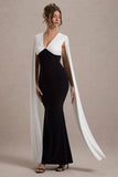 Grace Kelly Black & White Plunge-Neck Maxi Dress With Cape Sleeves