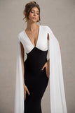 Grace Kelly Black & White Plunge-Neck Maxi Dress With Cape Sleeves