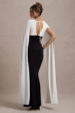 Grace Kelly Black & White Plunge-Neck Maxi Dress With Cape Sleeves