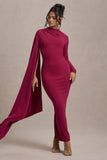 Aldona Mulberry High-Neck Long-Sleeve Maxi Dress With Cape Sleeve