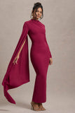 Aldona Mulberry High-Neck Long-Sleeve Maxi Dress With Cape Sleeve
