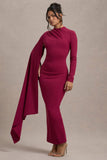Aldona Mulberry High-Neck Long-Sleeve Maxi Dress With Cape Sleeve