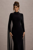 La Nuit Black High-Neck Long-Sleeve Maxi Dress With Cape