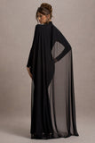 La Nuit Black High-Neck Long-Sleeve Maxi Dress With Cape