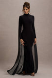 La Nuit Black High-Neck Long-Sleeve Maxi Dress With Cape