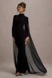 La Nuit Black High-Neck Long-Sleeve Maxi Dress With Cape