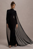 La Nuit Black High-Neck Long-Sleeve Maxi Dress With Cape