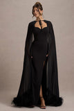 Veranna Black Chiffon Cape with Fur Trim