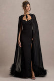Veranna Black Chiffon Cape with Fur Trim