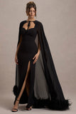 Veranna Black Chiffon Cape with Fur Trim