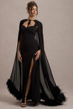 Veranna Black Chiffon Cape with Fur Trim