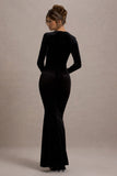 Morana Black Velvet Square-Neck Long-Sleeve Maxi Dress