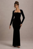 Morana Black Velvet Square-Neck Long-Sleeve Maxi Dress