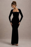Morana Black Velvet Square-Neck Long-Sleeve Maxi Dress