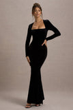 Morana Black Velvet Square-Neck Long-Sleeve Maxi Dress