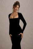 Morana Black Velvet Square-Neck Long-Sleeve Maxi Dress