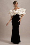 Cecily Black Velvet Bardot Maxi Dress With Satin Ruffle Trim