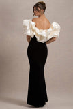 Cecily Black Velvet Bardot Maxi Dress With Satin Ruffle Trim