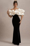 Cecily Black Velvet Bardot Maxi Dress With Satin Ruffle Trim