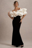 Cecily Black Velvet Bardot Maxi Dress With Satin Ruffle Trim