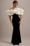 Cecily Black Velvet Bardot Maxi Dress With Satin Ruffle Trim