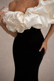 Cecily Black Velvet Bardot Maxi Dress With Satin Ruffle Trim