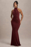 Arietta Port High-Neck Ruched Fishtail Maxi Dress