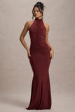 Arietta Port High-Neck Ruched Fishtail Maxi Dress