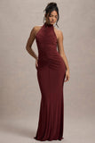 Arietta Port High-Neck Ruched Fishtail Maxi Dress