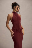 Arietta Port High-Neck Ruched Fishtail Maxi Dress
