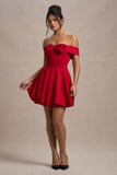Minimoiselle Red Bow Bardot Mini Dress With Puff-Ball Skirt