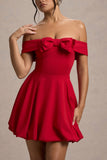 Minimoiselle Red Bow Bardot Mini Dress With Puff-Ball Skirt