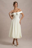 Calliopia Cream Bow Bardot Midi Dress With Puff-Ball Skirt